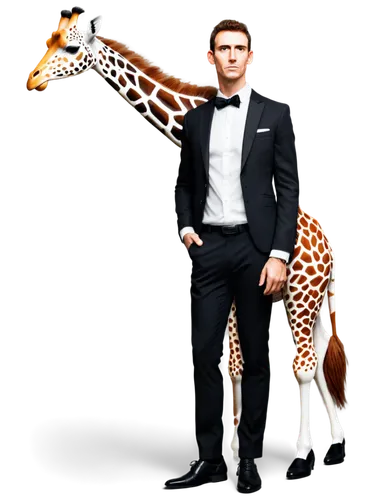 Giraffe, male, business attire, white shirt, black tie, black suit, vest, formal shoes, standing upright, confident pose, tall, long neck, spotted fur, realistic texture, soft lighting, cinematic comp