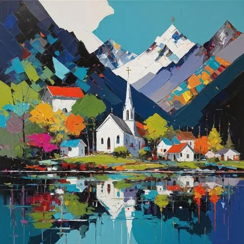 church painting,ushuaia,flåm,nz,zermatt,autumn landscape,fjords,fall landscape,alpine village,autumn mountains,painting technique,sognefjord,mountain village,mountain scene,banff,geirangerfjord,valais,autumn idyll,eiger,dove lake