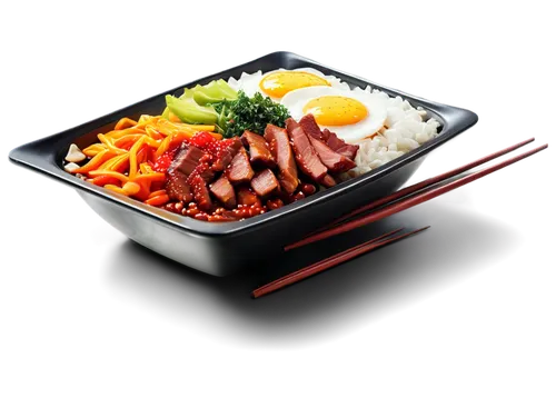 Spicy dish, Korean-style bibimbap, colorful vegetables, fried egg, beef slices, gochujang sauce, steaming hot, ceramic bowl, Asian-style table setting, shallow depth of field, vibrant colors, close-up