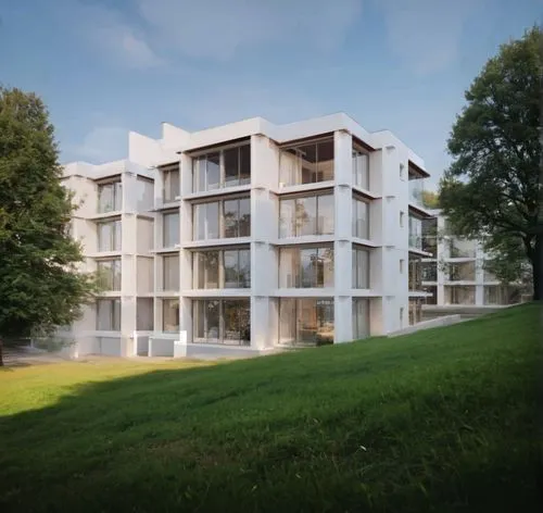 grass and trees
,a modern building that has windows and balconies,plattenbau,europan,passivhaus,maisonettes,appartment building,dessau