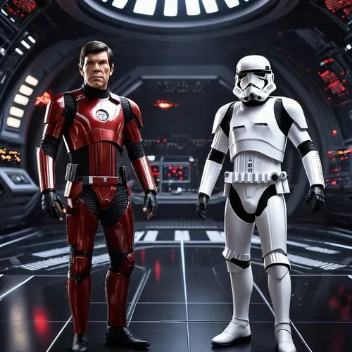 Star Wars Movie poster, A clone pilot in ARC-170 standing next to Spock from Vulcan, star wars, deathstar in back,two different sized figures from the star wars series,stormtroopers,dameron,battlefron