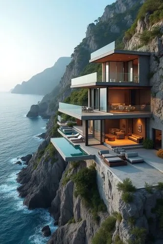 A multi-level villa perched on a steep cliff overlooking the ocean, featuring stacked terraces that extend outward with glass railings and reflective pools. The villa is designed with sleek stone and 