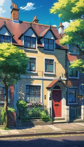 A small house in the year 1930 in a city in England, in front of a street with a sidewalk.,a very large house with some tall trees on the side of it,apartment house,maplecroft,townhouse,townhouses,tow