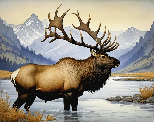 Witness the harmony between nature and wildlife as a bull elk peacefully coexists with the Madison River.,elk,elk bull,bull elk on lateral moraine,bull elk resting,elk reposing on lateral moraine,bull