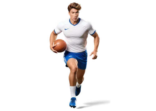 Male athlete, football player, dynamic action, muscular body, sweaty skin, messy short hair, determined facial expression, wearing a white jersey, blue shorts, shin guards, cleats, holding a ball, kic