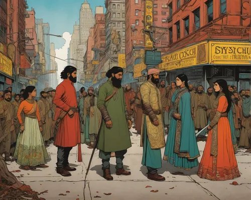 Explore a dystopian future in New York where Sabyasachi fights against an oppressive regime.,orientalism,pilgrims,monks,sikh,the pied piper of hamelin,orange robes,pied piper,nomads,pedestrians,buddhi