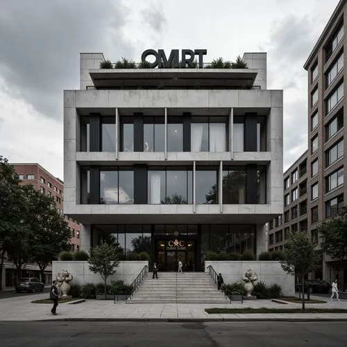 Geometric courthouse facade, asymmetrical composition, rectangular windows, flat roof, cantilevered upper floors, rugged concrete walls, industrial metal frames, minimalist ornamentation, functionalis