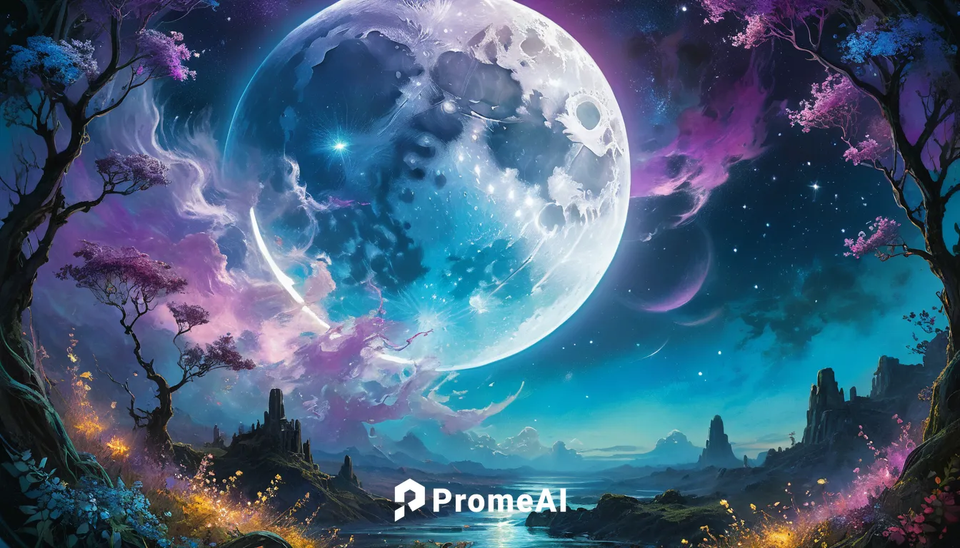 flourescent blue and purple magic flowing around the moon,fantasy landscape,moon and star background,moonlit night,lunar landscape,fantasy picture,hanging moon,purple moon,moonlit,fairy world,dream wo