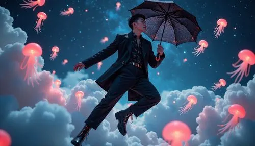 extreme closeup portrait of a magical guy landing on cloud puffs in a dark starry night, he is wearing a dark shades gothic flowy dramatic outfit, holding a small black lace embroidery umbrella. he is