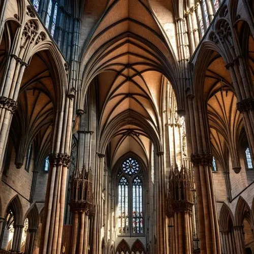 cathedral hall interior , vaults ,the inside of a church with many tall windows,cathedrals,organ pipes,york minster,triforium,cologne cathedral,main organ,reims,ulm minster,neogothic,transept,minster,