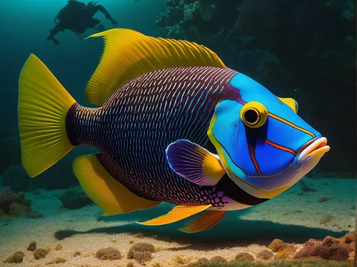 Craft a mysterious tale about a legendary triggerfish-clown hybrid and its hidden powers.,lemon surgeonfish,triggerfish-clown,golden angelfish,triggerfish,pallet surgeonfish,imperator angelfish,lemon 