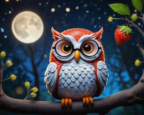 Whimsical strawberry moon owl, nocturnal, solo, (young), big round glasses, messy orange hair, freckles on nose, white shirt with strawberry pattern, blue shorts, holding a strawberry, sitting on a tr