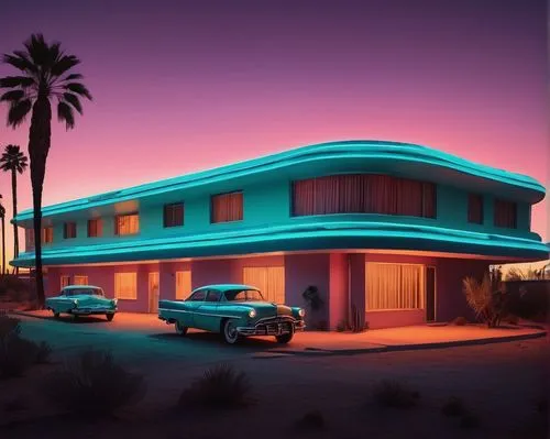 Bates Motel, retro-futuristic, neon lights, curved lines, space-age design, 1950s-60s vibe, pastel colors, sleek metallic accents, glowing signage, palm trees, desert landscape, sunset, warm ambient l