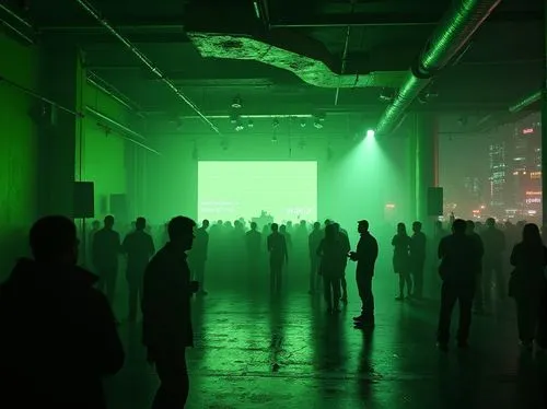 Brutalist music venue, industrial interior, lime green accent walls, concrete floors, metallic beams, minimalist decor, spotlights, fog machines, DJ booth, turntables, loudspeakers, crowd of people da