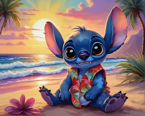 Stitch, toothless, cute expression, big eyes, blue skin, antennae headband, white belly, spiky hair, wearing a Hawaiian shirt, denim shorts, sneakers, sitting on a beach, sunset, palm trees, tropical 