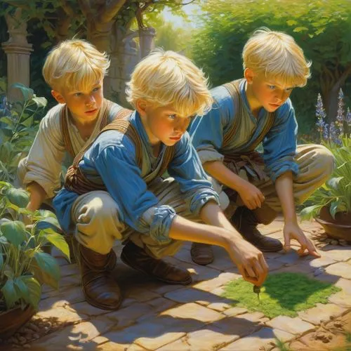 gardeners,children studying,children,figli,blyton,gleaners,Illustration,Realistic Fantasy,Realistic Fantasy 03