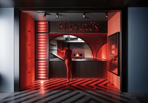 Adding red and black to the three-dimensional volume of the architectural space adds layers and expressions to the architectural volume.,a person is standing in the doorway at a restaurant,ufo interio