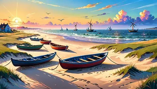 fishing boats,beach landscape,coastal landscape,boat landscape,sailboats,small boats on sea,boats,landscape background,beach scenery,sea landscape,sailing boats,fishing village,sunrise beach,beautiful beach,seaside country,seaside resort,beautiful beaches,summer beach umbrellas,wooden boats,sunset beach,Anime,Anime,Cartoon