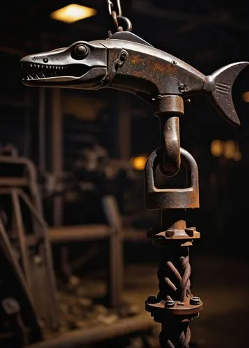 Twisted, metallic, industrial-style hammerhead, intricate mechanical details, rusty texture, worn-out handle, bolts and screws visible, heavy-duty chain attached, brutal, aggressive, powerful, dark at