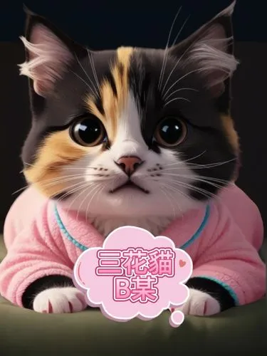 Q版三花貓在睡覺,a cat wearing a pink shirt with japanese writing,cat kawaii,cute cat,doll cat,calico cat,kawaii patches,pink cat