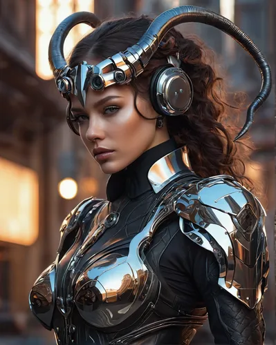 dark futuristic cyborg with metal horns, chrome motorcycle parts, full body, diffuse lighting, fantasy, intricate, elegant, highly detailed, lifelike, photorealistic, digital painting, artstation, ill