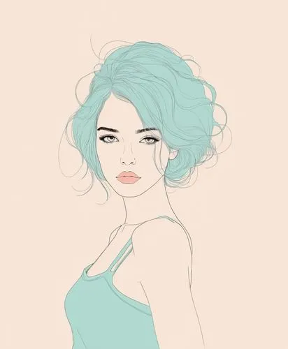 line art illustration, minimalist, silhouette, young woman, slim, women's health, pastel colors,a woman with blue hair wearing green,wipp,cyan,aquamarine,color turquoise,bluegreen,teal,Illustration,Pa