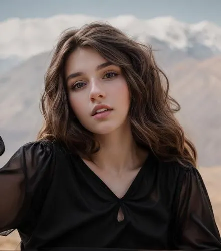 a young caucasian girl 25 years old, brown hair wearing a transparent black top in the mountains in the morning as background in 4k,denali,nevada,utah,fierce,spectacular,beautiful young woman,vegas,fa