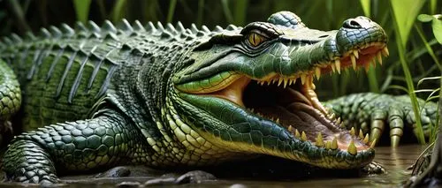 Reptile, crocodile, scaly skin, greenish-gray color, sharp teeth, powerful jaws, swamp, murky waters, tangled vegetation, muddy banks, tropical atmosphere, warm lighting, shallow depth of field, close