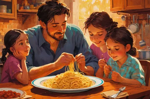 Write a heartwarming story about a family bonding over a steaming plate of pasta.,bolognese,italian pasta,spaghetti alla puttanesca,spaghetti,pasta,feast noodles,pappa al pomodoro,family dinner,taglia