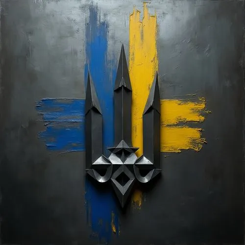 on a flat surface made of stainless steel, a constructive Ukrainian trident is extruded outward in the form of three pyramids extended along one edge. dark background, with two strokes of blue and yel