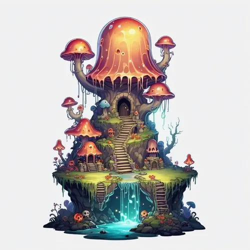 mushroom island,mushroom landscape,fairy house,fairy chimney,fairy village,nidularium,Illustration,Abstract Fantasy,Abstract Fantasy 11