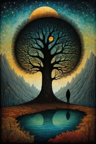 tree of life,circle around tree,magic tree,qabalah,mabon,celtic tree,mother earth,lone tree,shamanism,fantasy picture,mirror of souls,lonetree,the branches of the tree,equilibrium,sun and moon,druidry,orange tree,bodhi tree,tangerine tree,hanging moon,Illustration,Abstract Fantasy,Abstract Fantasy 19