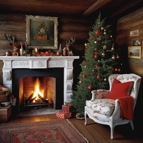 Create a cozy Christmas wallpaper with a snowy cabin and a warm fireplace.,christmas fireplace,christmas room,vintage christmas,christmas vintage,fire place,christmas motif,fireplace,log fire,christma