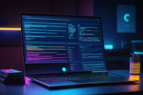 Modern ReactJS architecture, futuristic coding scene, dark blue tone background, neon lights reflecting off sleek metal surfaces, futuristic laptop with glowing keyboard, coding interface with colorfu