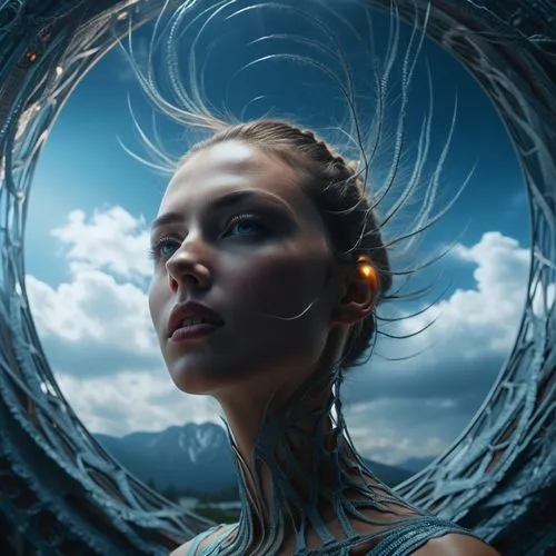 a woman wearing metallic clothing is staring through the round mirror,fathom,photo manipulation,mystical portrait of a girl,shannara,ipix,shpongle,Photography,General,Realistic