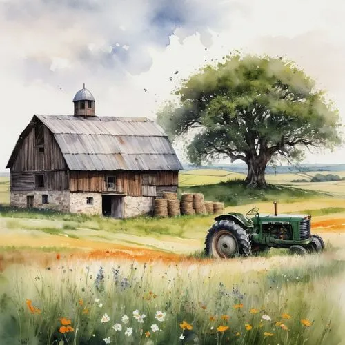 Rustic farmhouse, wooden barn, stone wall, green roof, countryside landscape, rolling hills, sunny afternoon, warm light, vintage tractor, haystacks, wildflowers blooming, old oak tree, lazy cat sleep