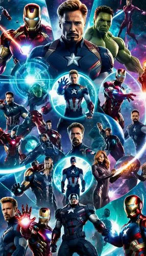 collage of mrvel avengers characters, 8k image,avengers avengers the age of ultabee poster by artist ryan miller,superhero background,mcu,avengers,starkad,civil war,thanos infinity war,marvel,iw,marve