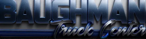 A blue metallic polished metal logo sitting on a highway in front of a kenworth semi-truck, cinematic,mean bluish,denim background,logo header,web banner,jeans background,birthday banner background,ba