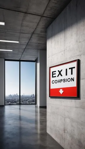 Architectural designer, exit sign, modern style, bold font, bright red color, white background, sleek metal frame, mounted on wall, urban office building, cityscape view, floor-to-ceiling windows, min