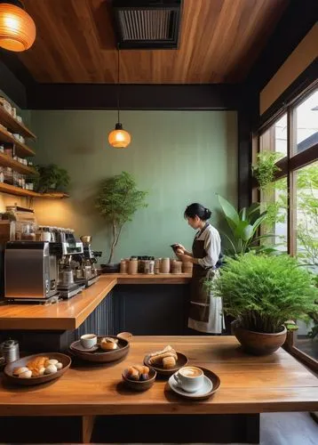 Cozy oide cafe, afternoon time, warm lighting, wooden tables, comfortable sofas, Japanese-style decorations, Tatami mats, sliding doors, Shoji screens, soft instrumental music, aroma of freshly brewed