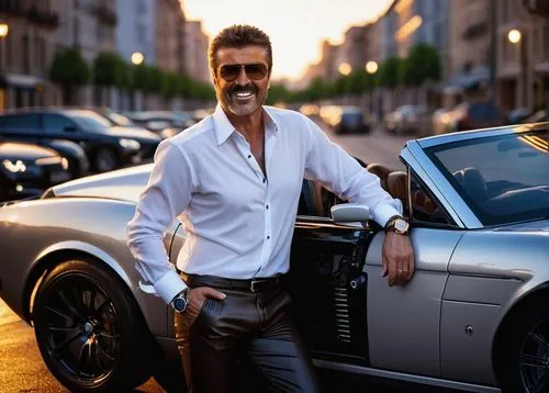 George Michael, handsome, 40s, charming smile, bright blue eyes, stylishly messy brown hair, fitted white shirt, black slim-fit trousers, luxury watch, polished black leather shoes, leaning against a 