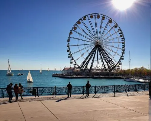 Chicago Navy Pier, architecture tour, daytime, sunny weather, clear blue sky, Lake Michigan waters, sailboats and yachts docked, Ferris wheel, grand staircases, ornate iron railings, neoclassical buil