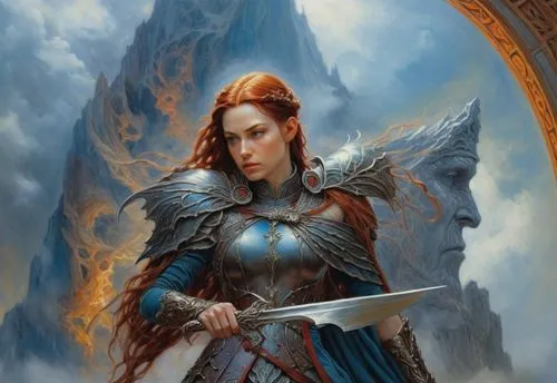 woman with armor and sword, surrounded by clouds,joan of arc,elenore,garrison,elspeth,archangel,sigyn,Illustration,Realistic Fantasy,Realistic Fantasy 03