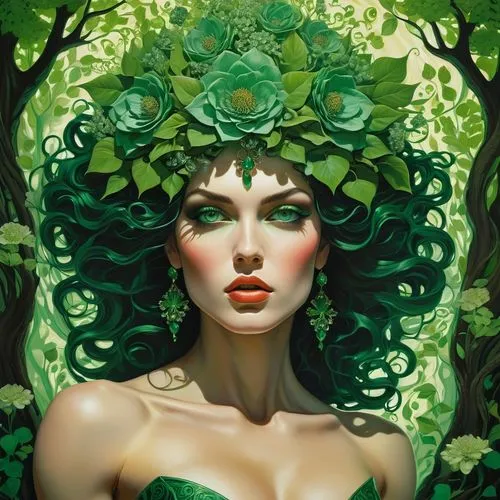 dryad,green wreath,background ivy,dryads,mother nature,enchantress,Illustration,Black and White,Black and White 21