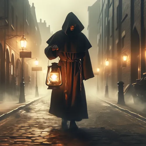 hooded man,lamplighter,grimm reaper,grim reaper,cloak,gas lamp,scythe,mysterious,pilgrim,dodge warlock,guy fawkes,trench coat,hooded,darth wader,sleepwalker,black coat,darth vader,the wanderer,assassin,de ville