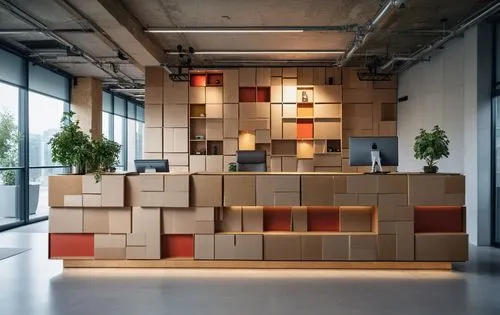 stack of moving boxes,creative office,modern office,wooden cubes,containerboard,building blocks,Photography,General,Cinematic