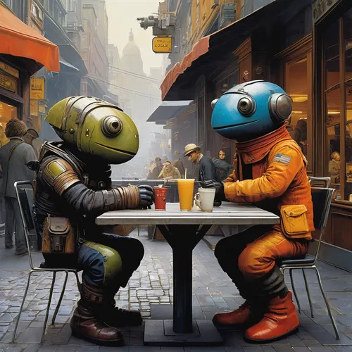 sci fiction illustration,robots,science fiction,science-fiction,droids,scifi,conversation,compans-cafarelli,sci-fi,sci - fi,sci fi,non-human beings,romantic dinner,coffee break,robot in space,diner,teatime,street cafe,tabletop game,tea time,Conceptual Art,Sci-Fi,Sci-Fi 08