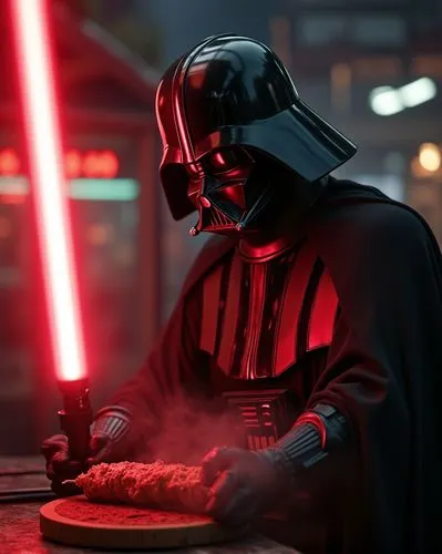 Darth Vader Cutting Doner Kebab with His Lightsaber,a darth vader dressed in red lighting and a dark side cut pizza,darth vader,darth,vader,slow cooked,execute,sith,Photography,Artistic Photography,Ar