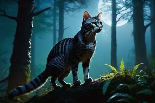 Fantasy creature, felis salamandra, humanoid cat, standing, moonlight, mystical forest, ancient trees, glowing mushrooms, soft fog, whiskers, pointed ears, emerald eyes, slender body, smooth skin, whi