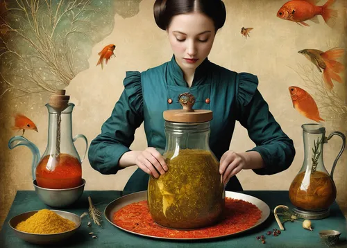 cloves schwindl inge,nutritional yeast,girl in the kitchen,cookery,girl with bread-and-butter,alchemy,five-spice powder,preserved food,goldenrod tea,iranian nowruz,culinary art,candlemaker,cooking oil,caterer,medieval hourglass,apothecary,cooking book cover,confectioner,surrealism,woman holding pie,Illustration,Realistic Fantasy,Realistic Fantasy 35